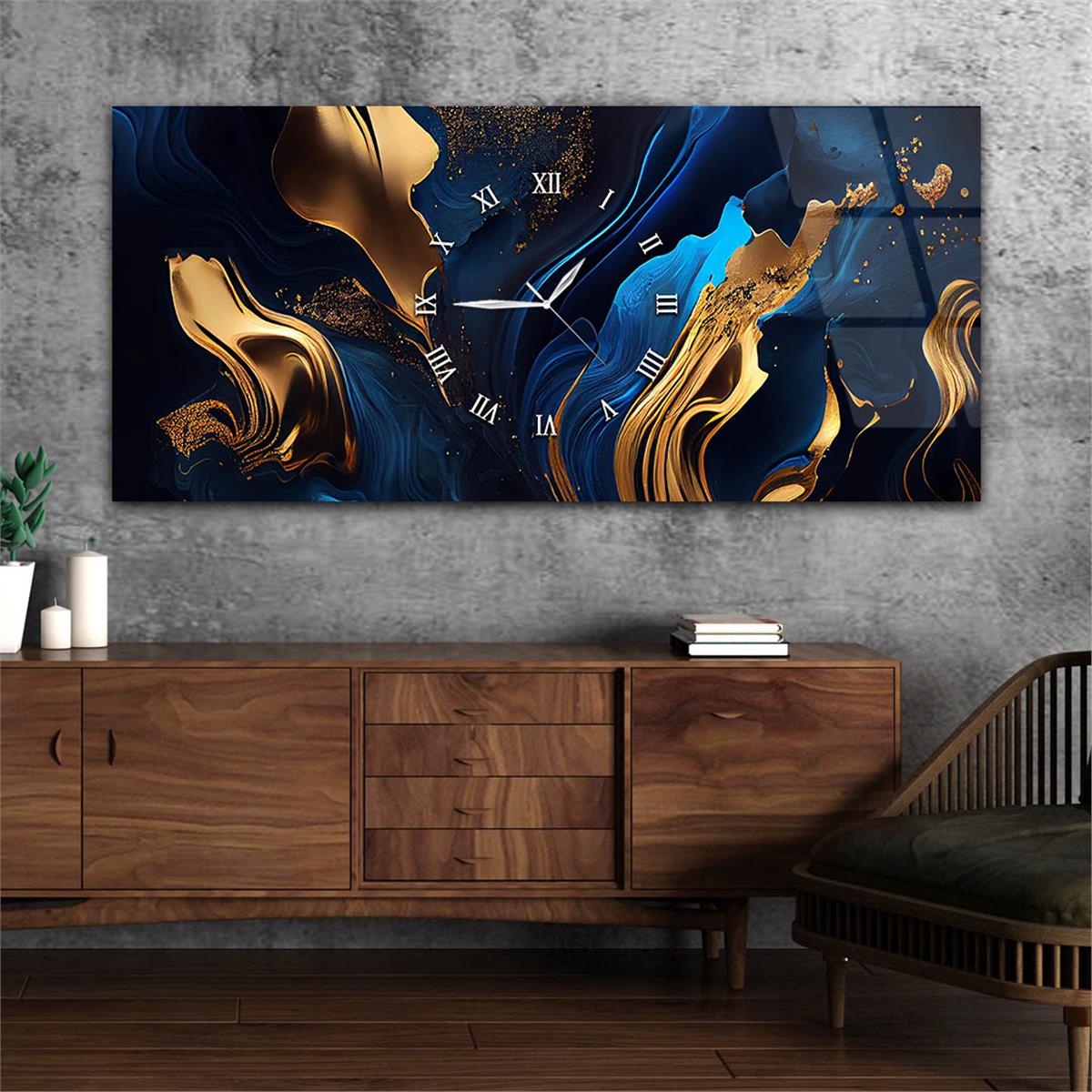 Yatay Ortadan Saatli  Sanat ve Doğa Temalı Cam Tablo 046