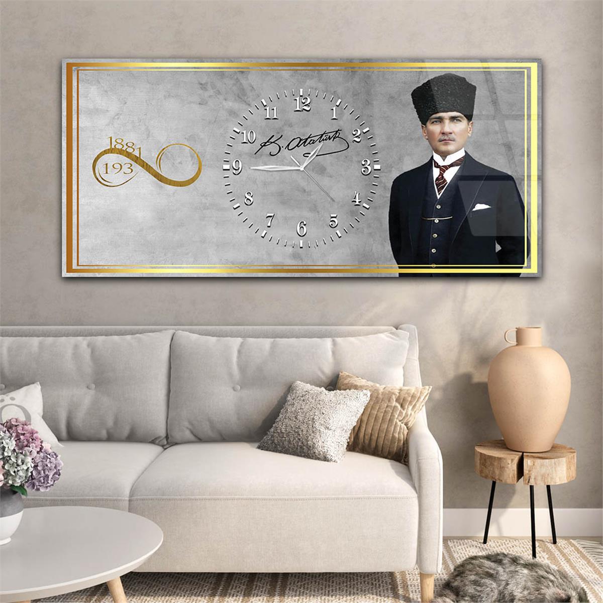 Yatay Ortadan Saatli  Vatan Temalı Cam Tablo 027