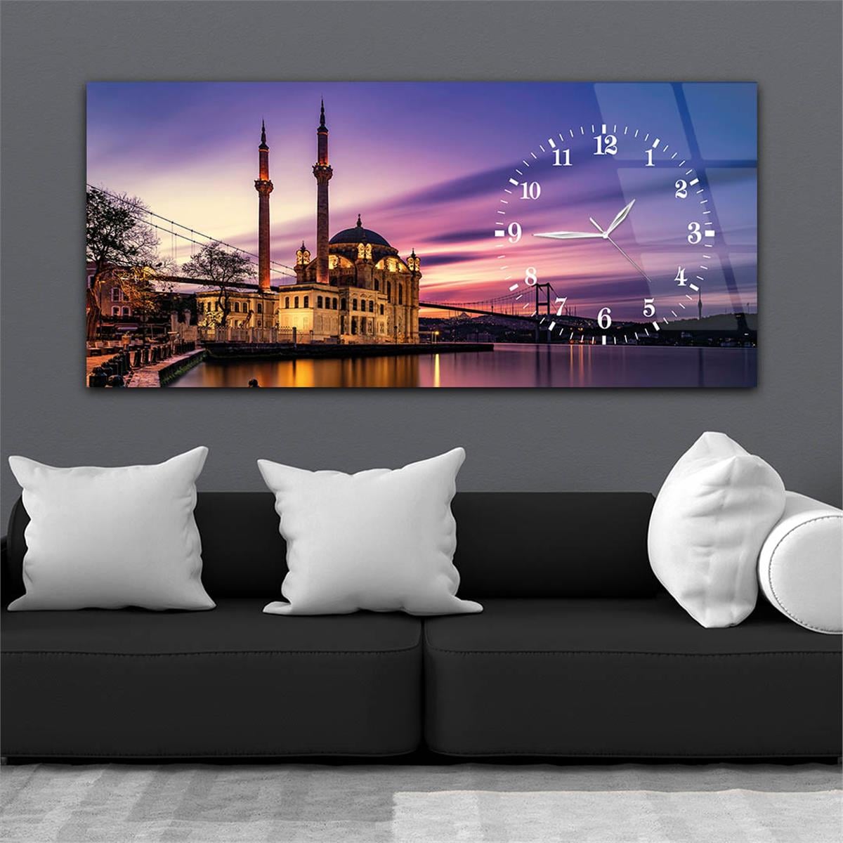 Yatay Saatli Yandan Dini Temalı Cam Tablo 025