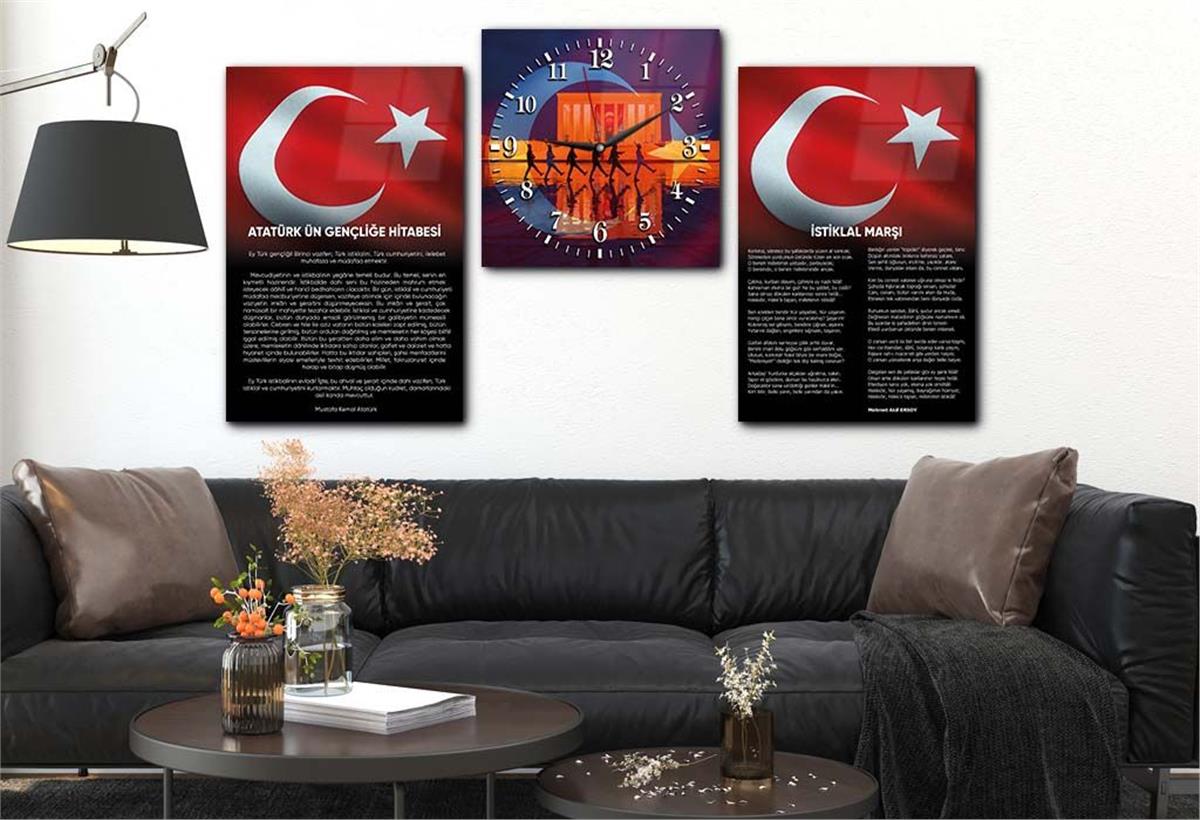 İSTİKLAL MARŞI MUSTAFA KEMAL ATATÜRK GÖRSELLİ CAM TABLO CAM SAAT SETİ 