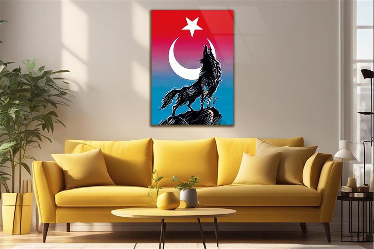 TÜRK BAYRAĞI VE KURT GÖRSELLİ CAM TABLO 