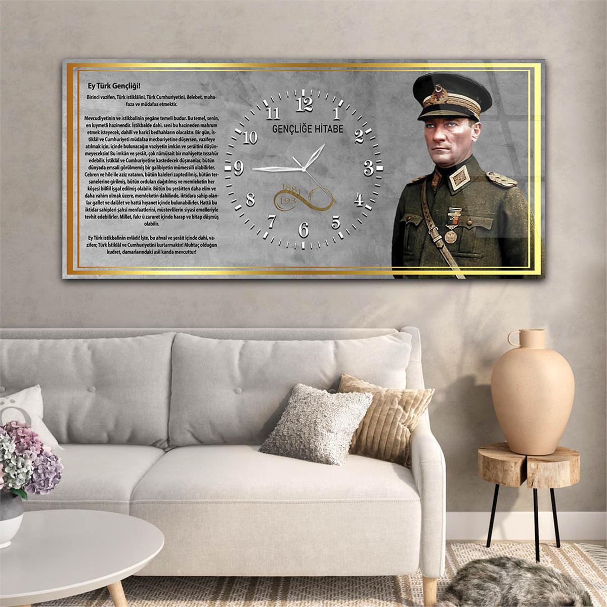 Mareşal Mustafa Kemal Atatürk ve Gençliğe Hitabesi Saatli  Vatan Temalı Cam Tablo 041