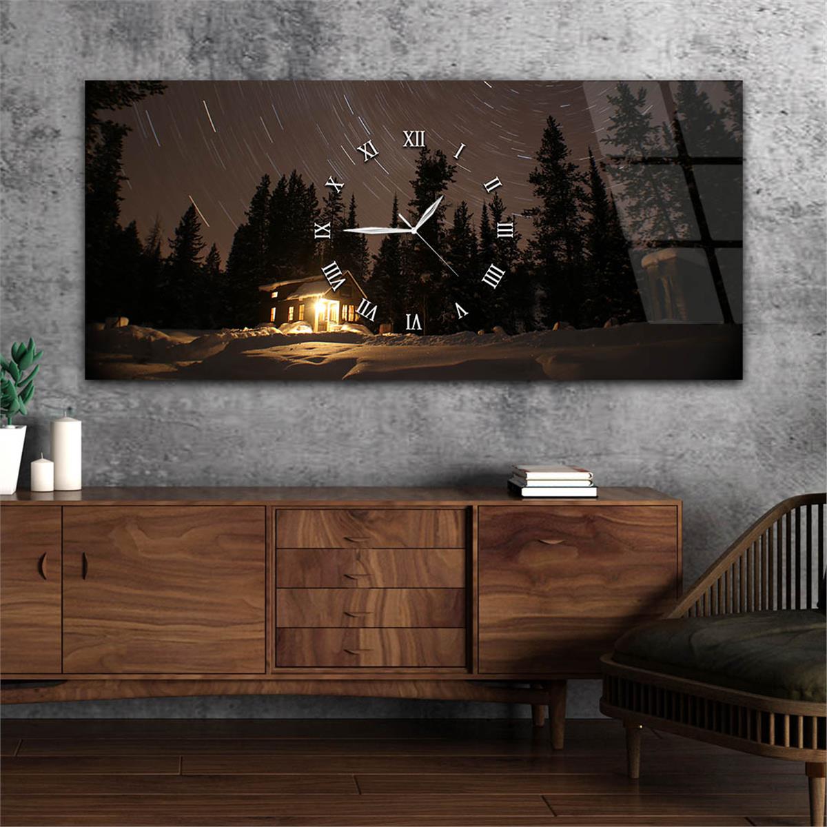 Yatay Ortadan Saatli  Sanat ve Doğa Temalı Cam Tablo 043