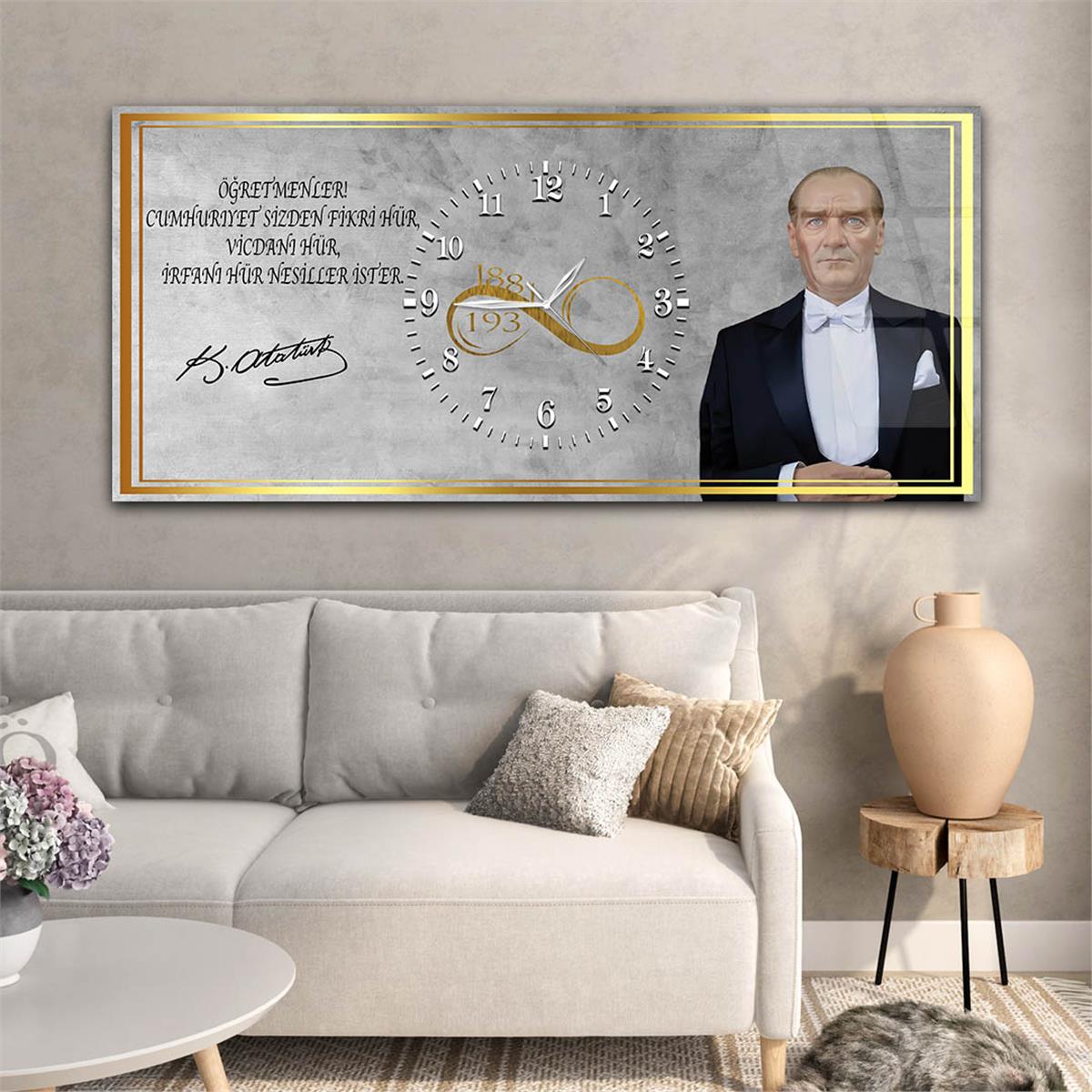 Yatay Ortadan Saatli  Vatan Temalı Cam Tablo 031