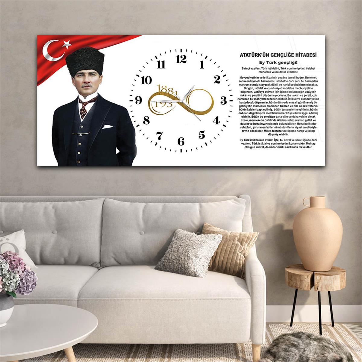Yatay Ortadan Saatli  Vatan Temalı Cam Tablo 023