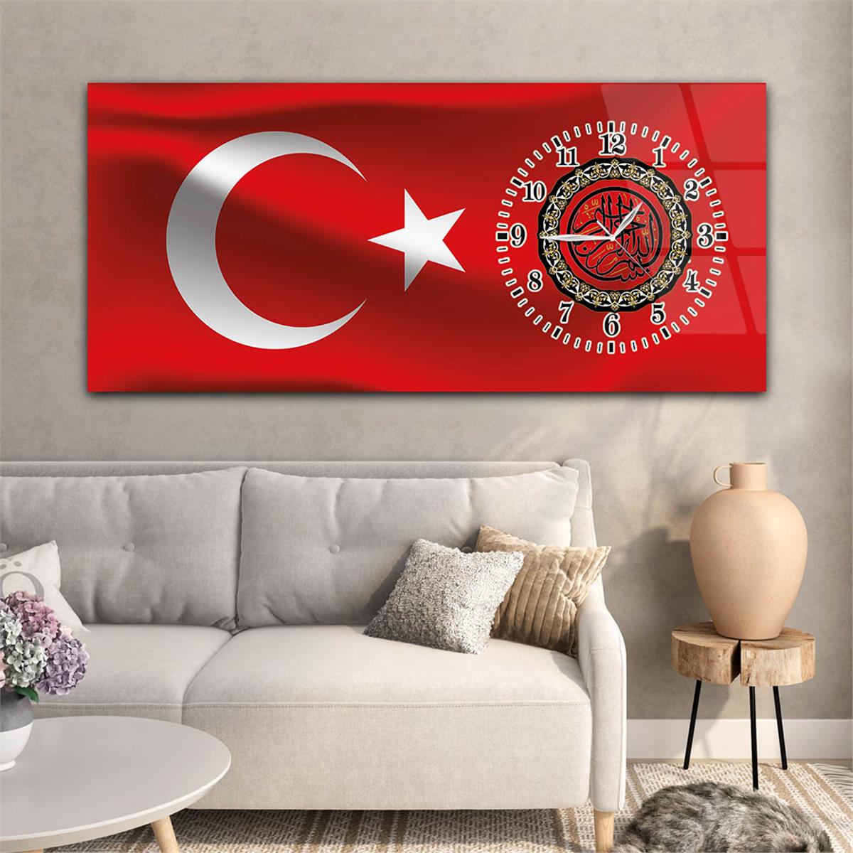 Yatay Saatli Yandan Vatan Temalı Cam Tablo 012
