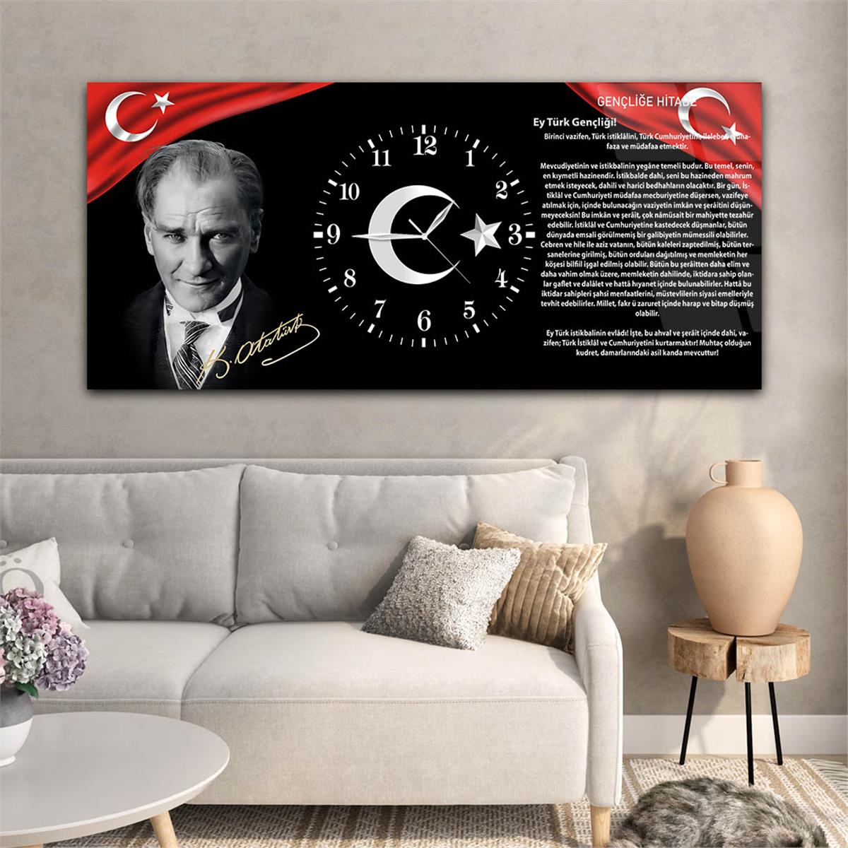 Yatay Ortadan Saatli  Vatan Temalı Cam Tablo 009