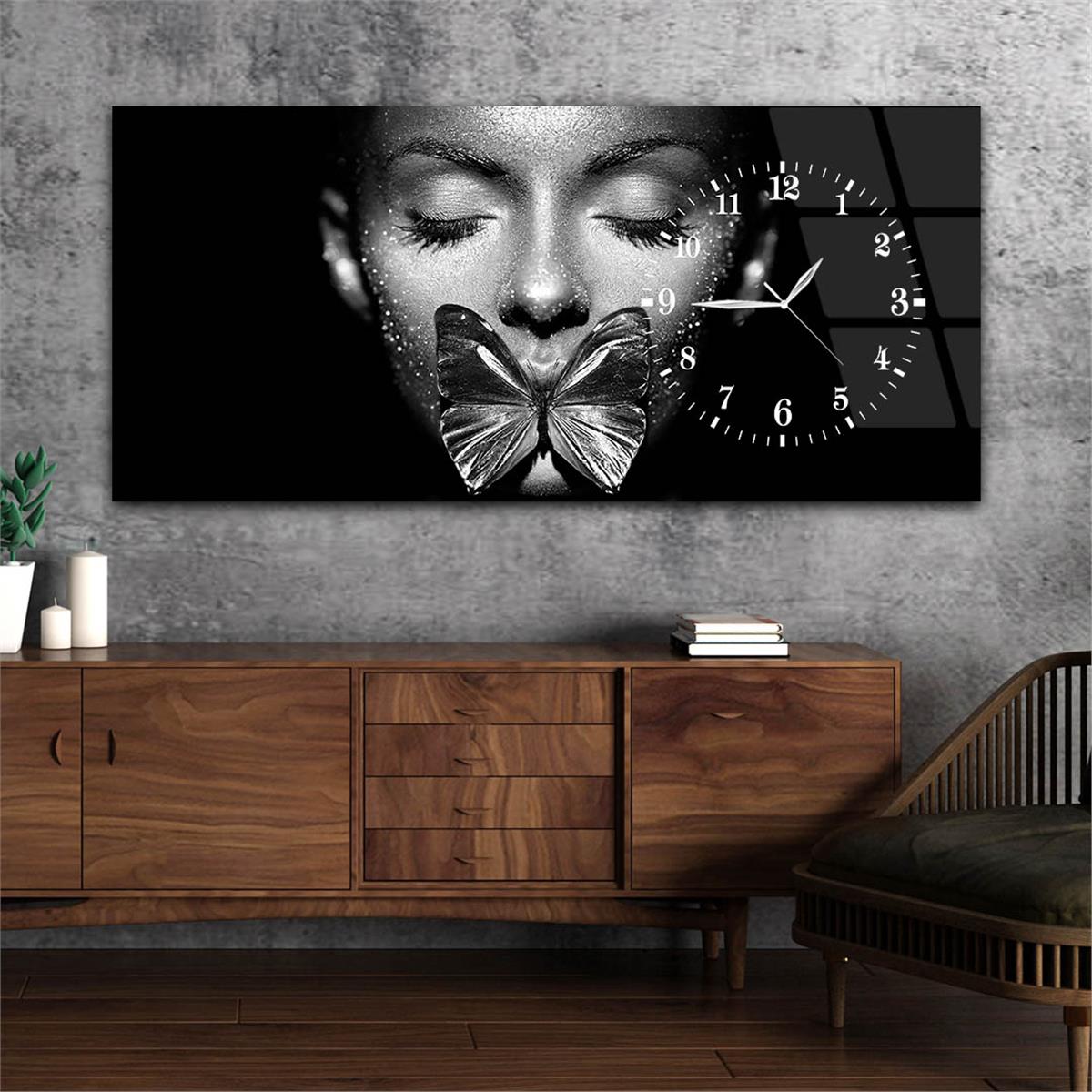 Yatay Saatli Yandan Sanat ve Doğa Temalı Cam Tablo 041