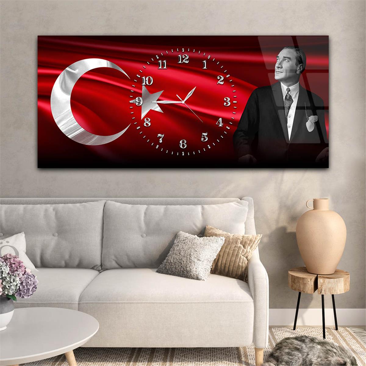 Yatay Saatli Ortadan Vatan Temalı Cam Tablo 145