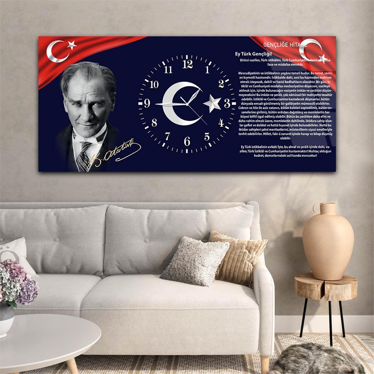 Yatay Ortadan Saatli  Vatan Temalı Cam Tablo 008