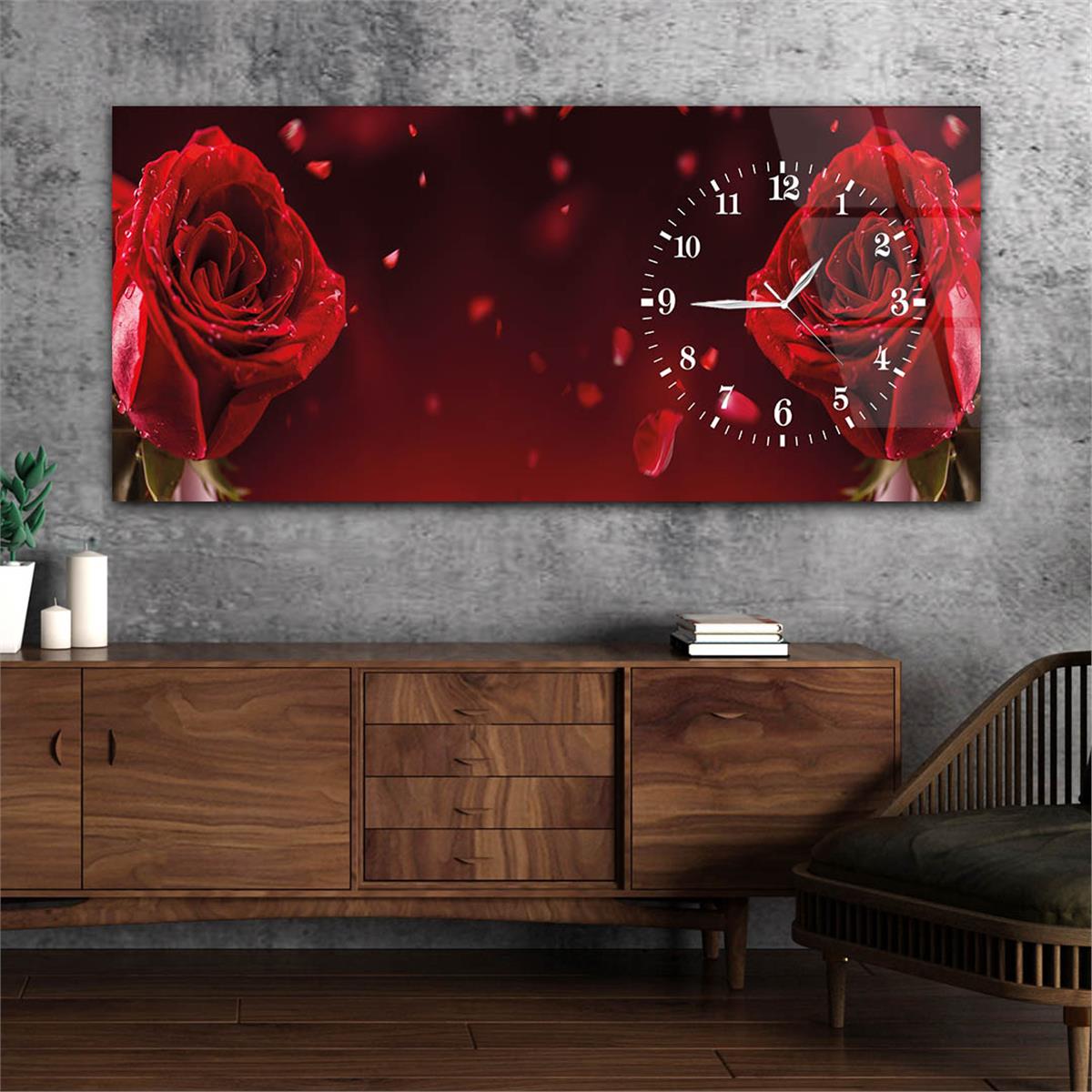 Yatay Saatli Yandan Sanat ve Doğa Temalı Cam Tablo 021