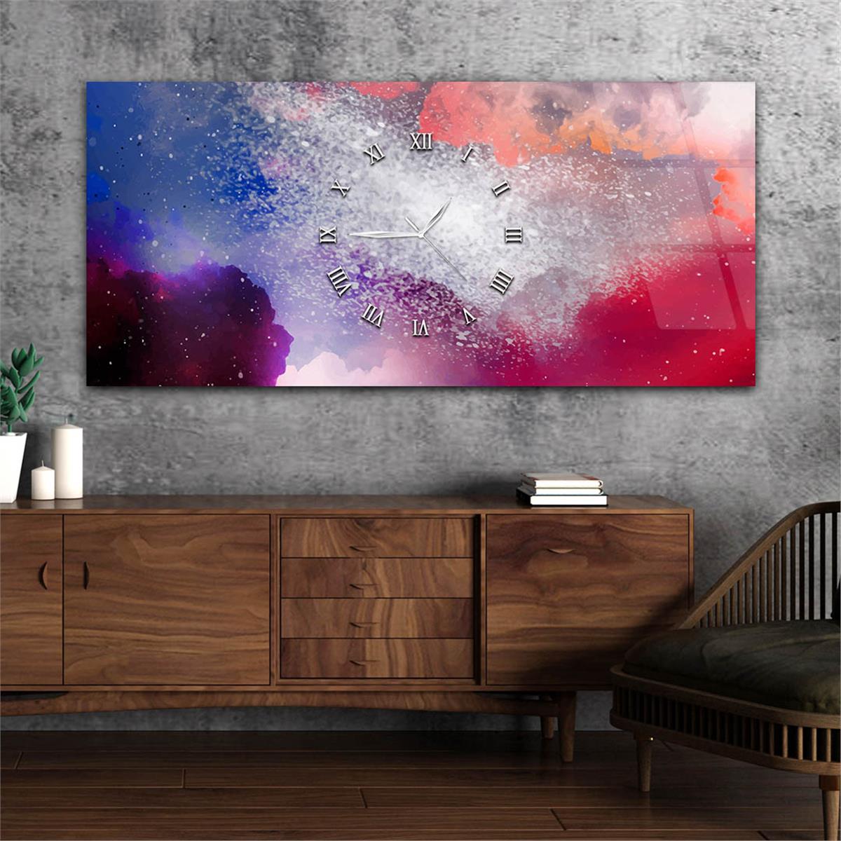 Modern Sanat Temalı Yatay Ortadan Saatli  Sanat ve Doğa Temalı Cam Tablo 001