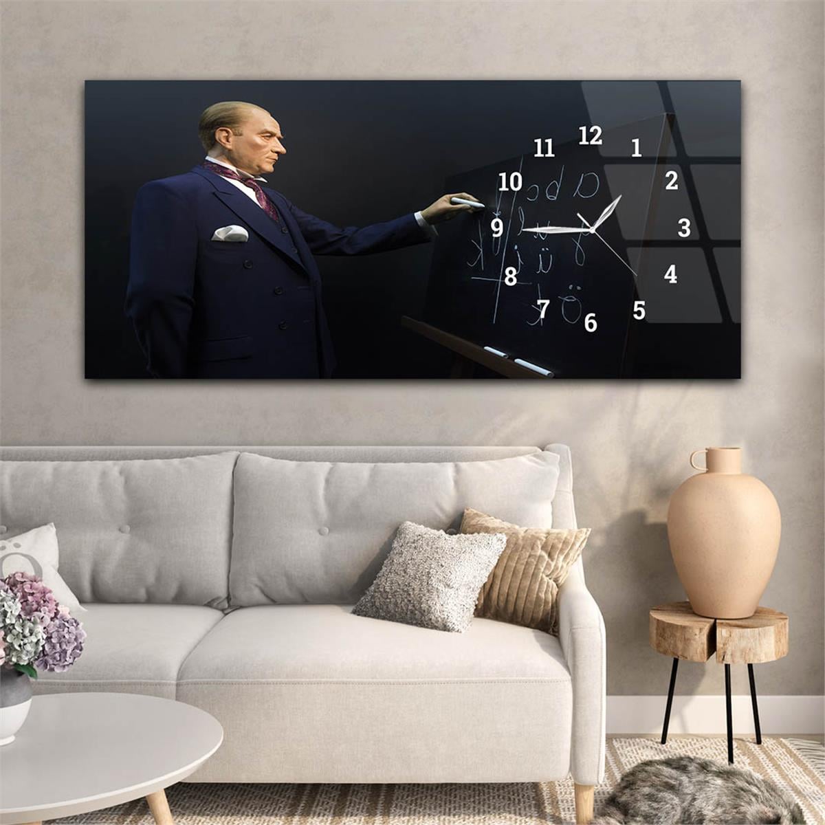 Atatürk ve Harf Devrimi Yatay Saatli Yandan Vatan Temalı Cam Tablo 007