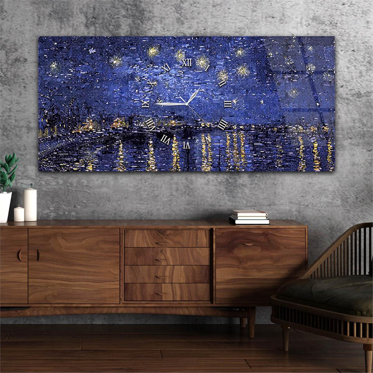 Yatay Ortadan Saatli  Sanat ve Doğa Temalı Cam Tablo 044