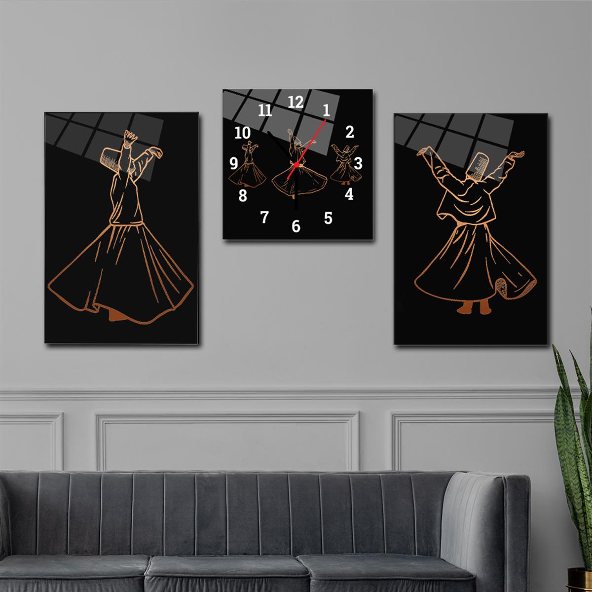 Whirling Dervish Themed Glass Wall Art Set with Clock , Glass Wall printing Clock Set with Mevlevi Visual