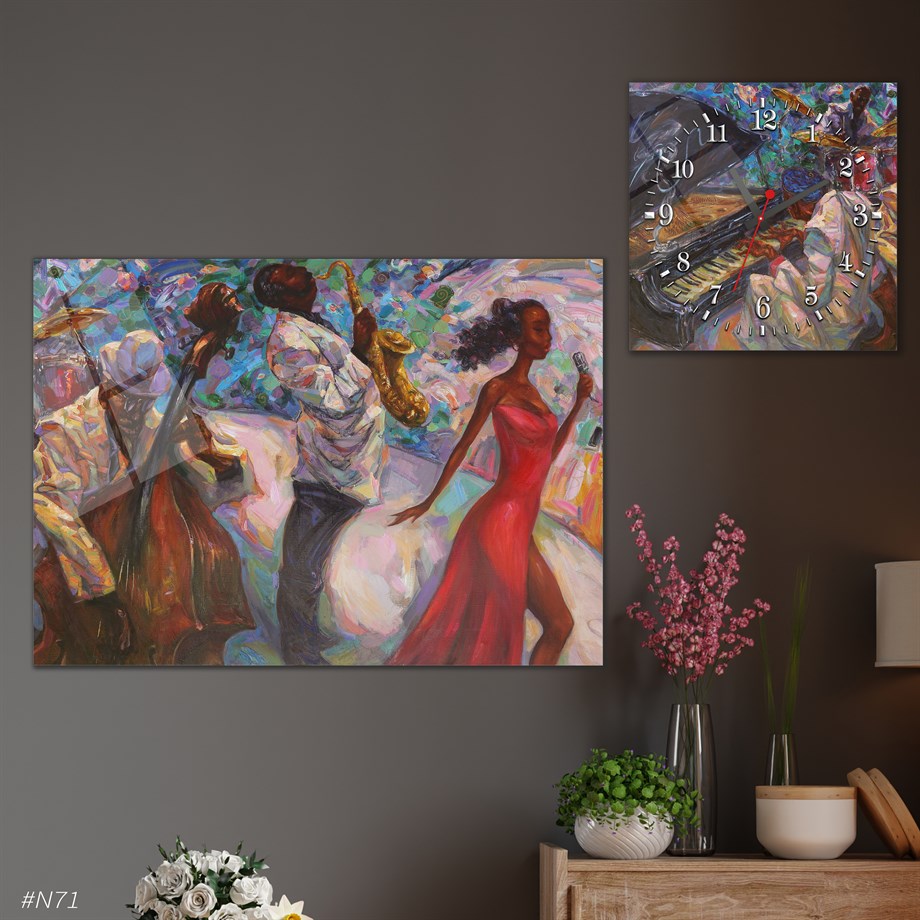 Tempered Glasss Wall Arts Art-Themed Set with Square Clock