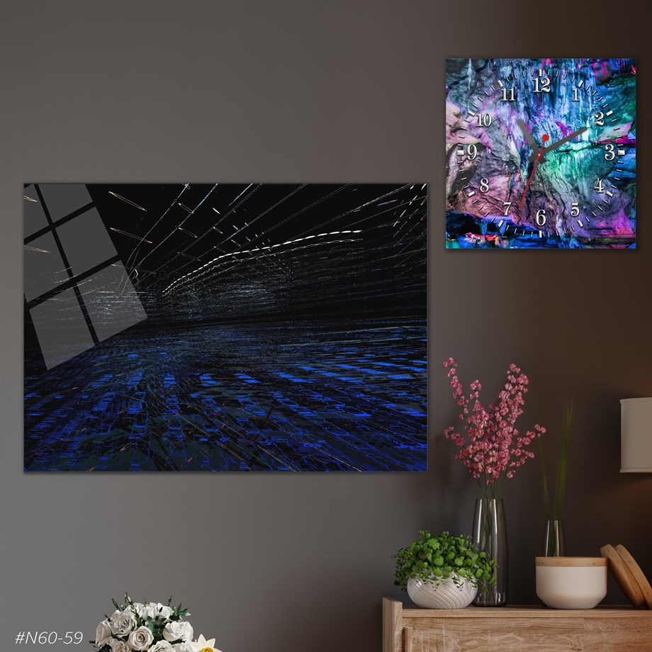 Sanat Temalı Cam Tablo Kare Cam Saat Seti