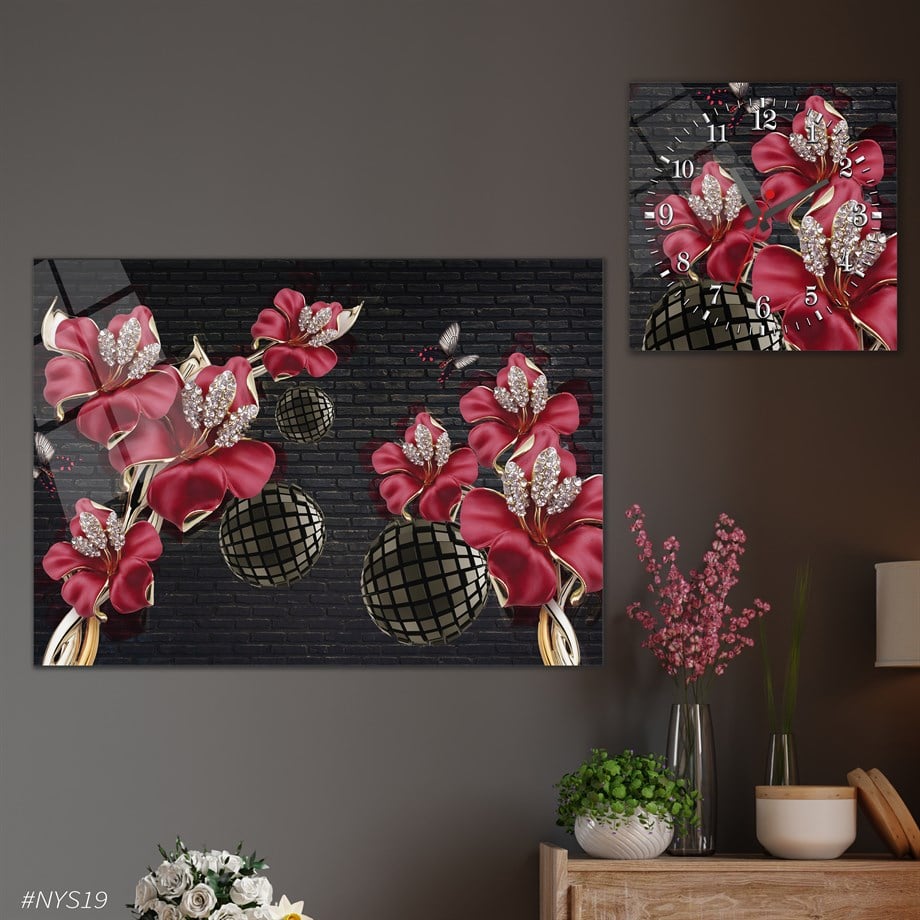 Tempered Glasss Wall Arts Art-Themed Set with Square Clock