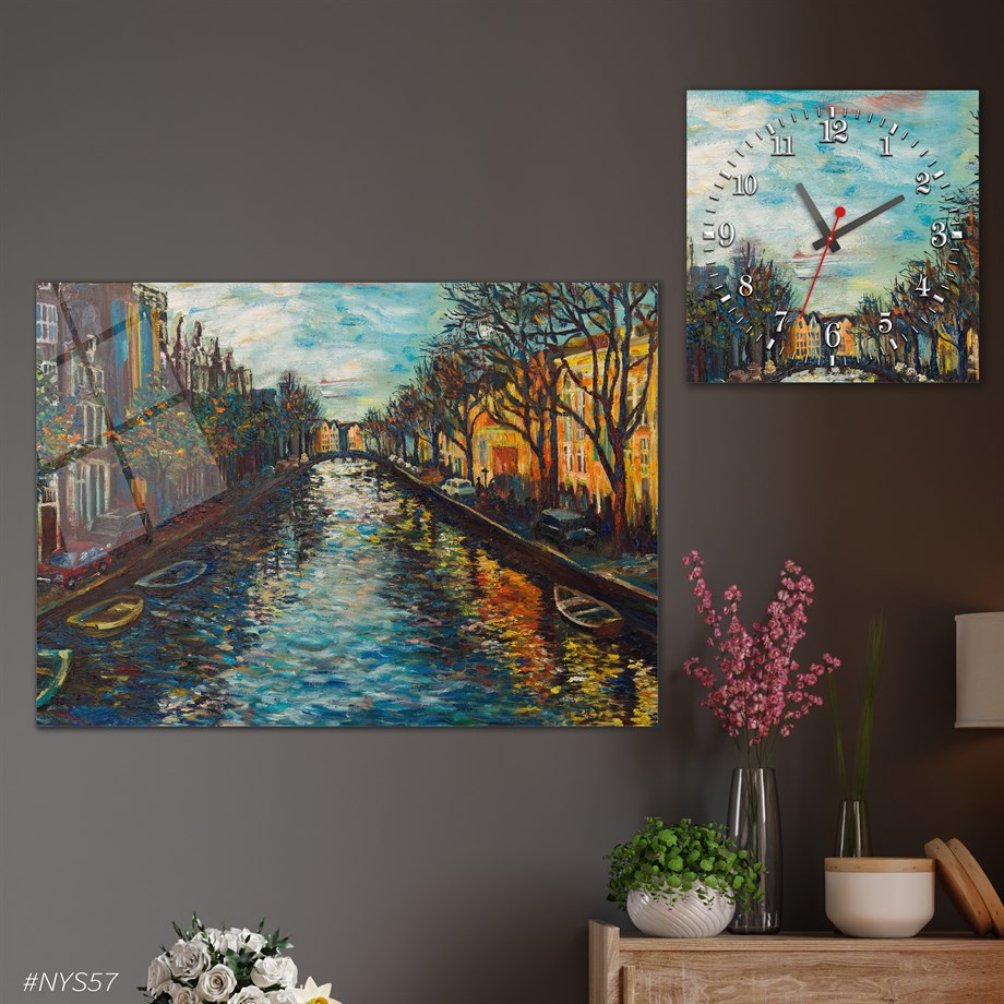 Tempered Glasss Wall Arts Art-Themed Set with Square Clock