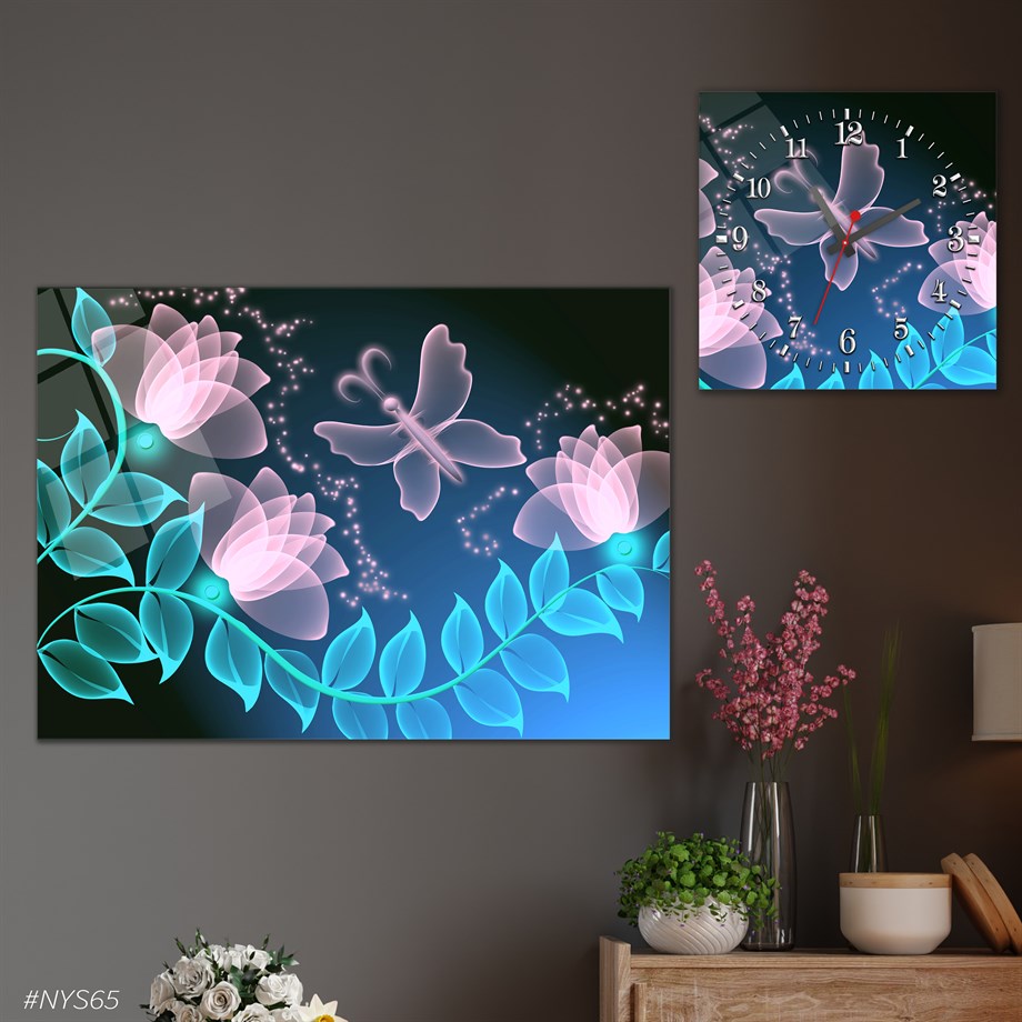 Tempered Glasss Wall Arts Art-Themed Set with Square Clock