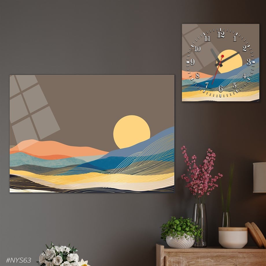 Tempered Glasss Wall Arts Art-Themed Set with Square Clock