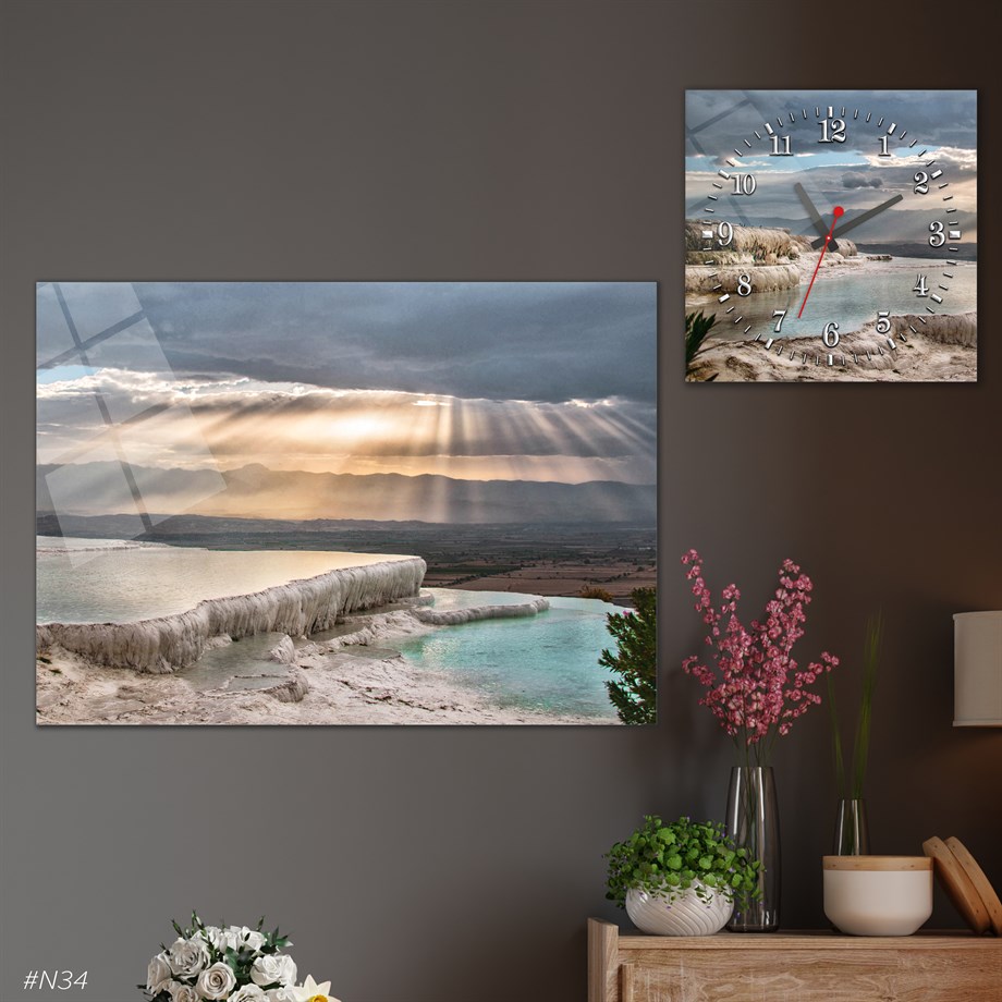 Tempered Glasss Wall Arts Art-Themed Set with Square Clock