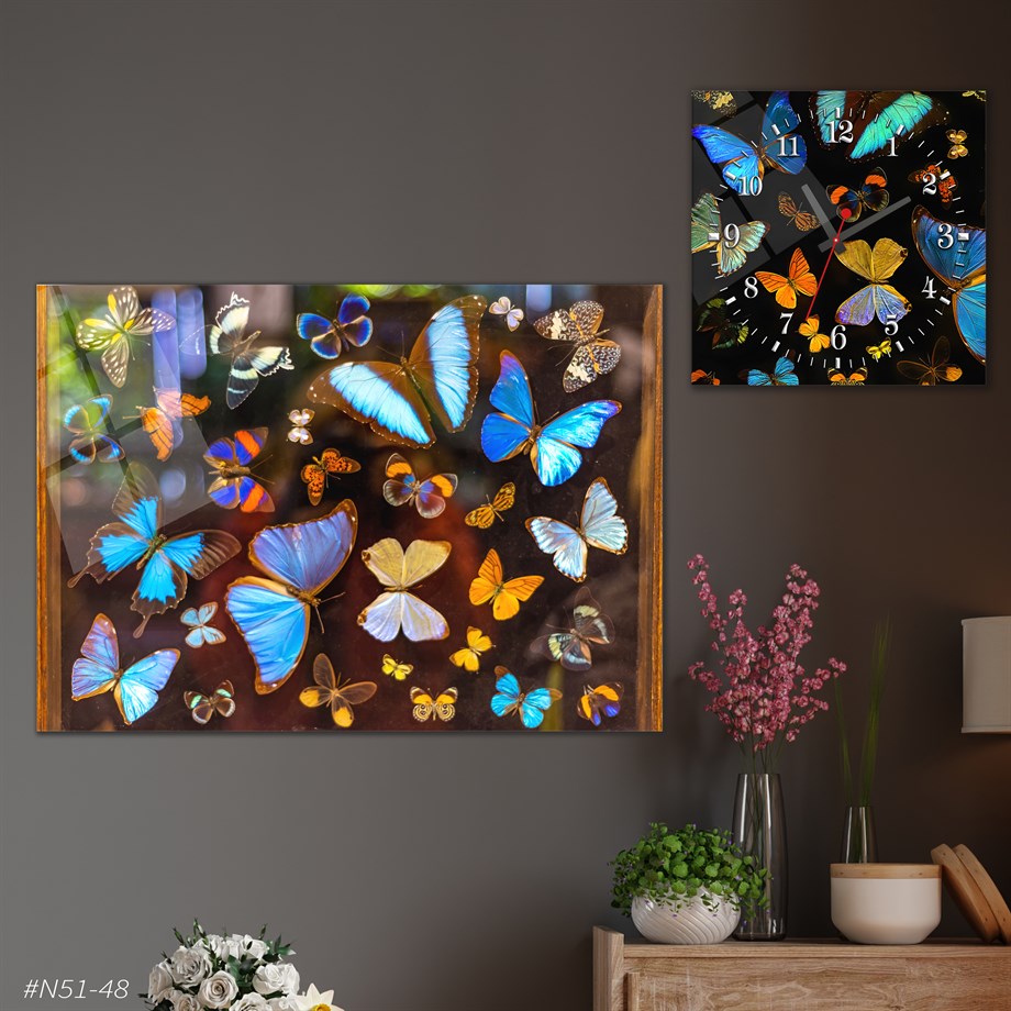 Tempered Glasss Wall Arts Art-Themed Set with Square Clock