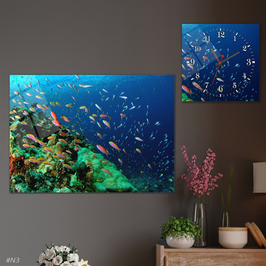 Sanat Temalı Cam Tablo Kare Cam Saat Seti