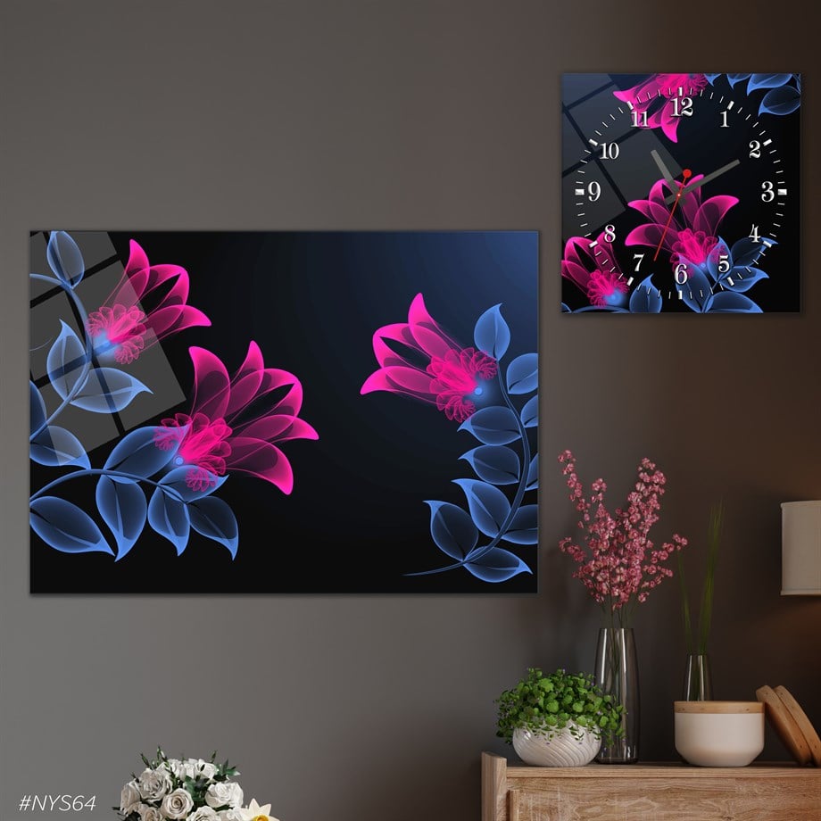 Tempered Glasss Wall Arts Art-Themed Set with Square Clock