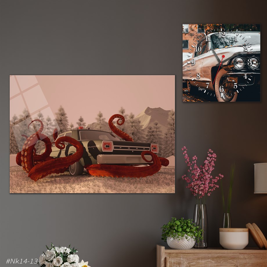 Tempered Glasss Wall Arts Art-Themed Set with Square Clock