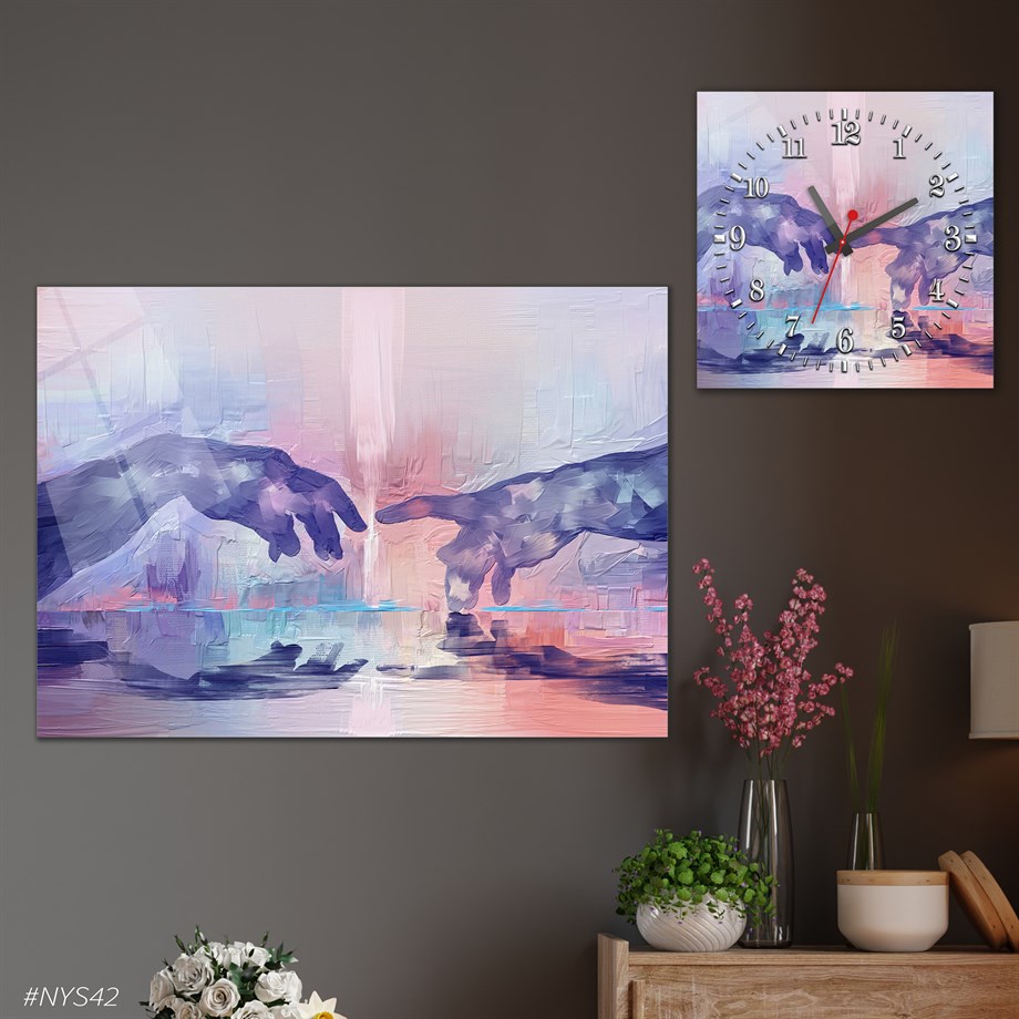 Tempered Glasss Wall Arts Art-Themed Set with Square Clock