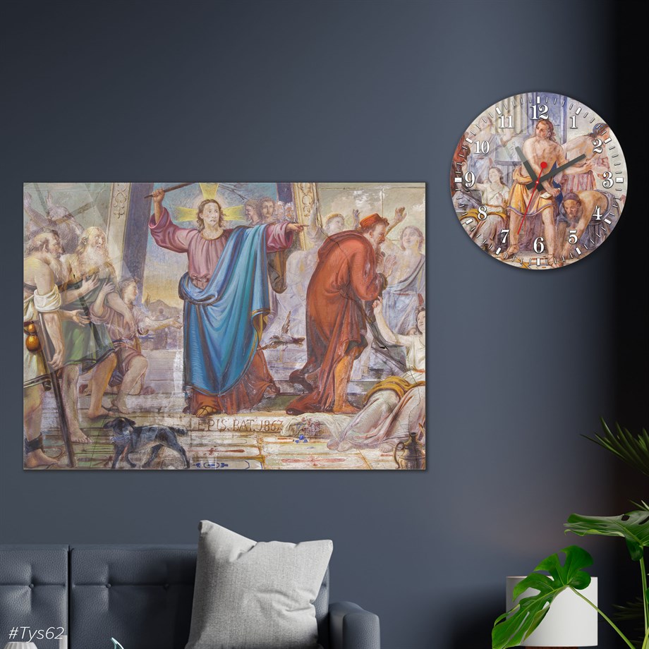 Sanat Temalı Cam Tablo Yuvarlak Cam Saat Seti