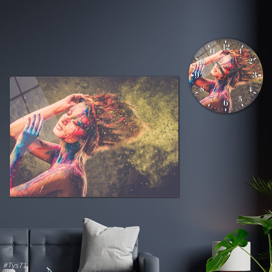 Sanat Temalı Cam Tablo Yuvarlak Cam Saat Seti