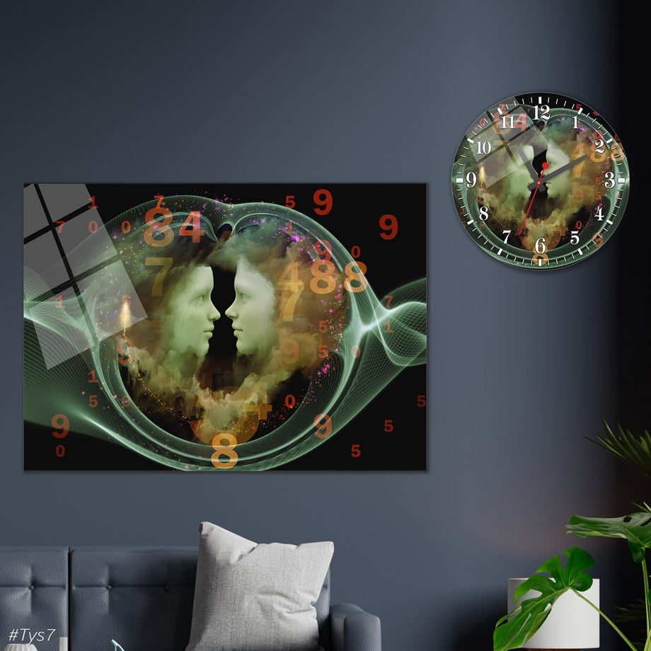 Sanat Temalı Cam Tablo Yuvarlak Cam Saat Seti