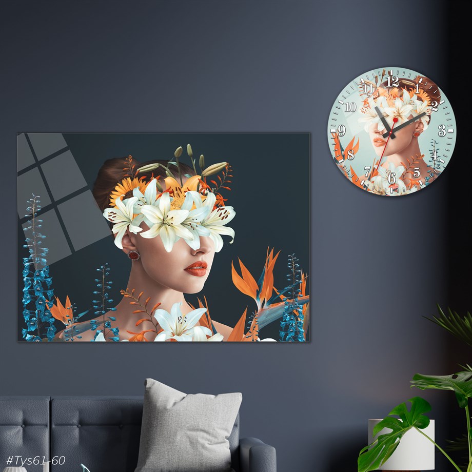 Sanat Temalı Cam Tablo Yuvarlak Cam Saat Seti