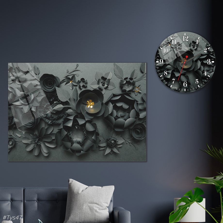 Sanat Temalı Cam Tablo Yuvarlak Cam Saat Seti
