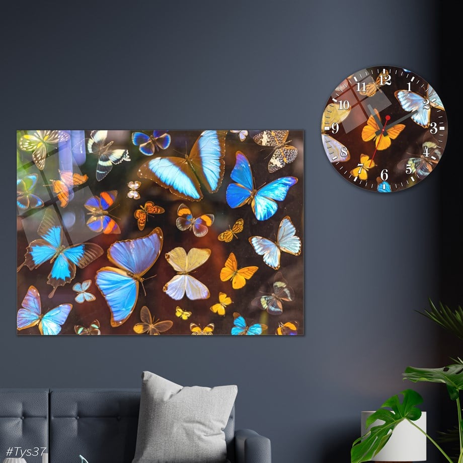 Sanat Temalı Cam Tablo Yuvarlak Cam Saat Seti