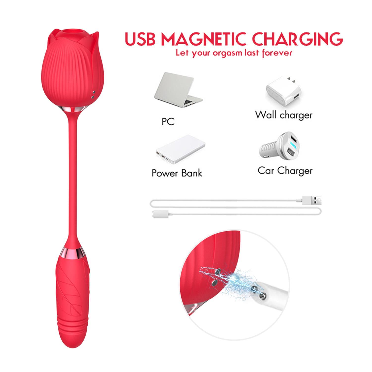 Gül Tasarımlı Çift Fonksiyonlu Vibratör – 10 Emme + 10 Titreşim Modu, Su Geçirmez ve Manyetik Şarjlı