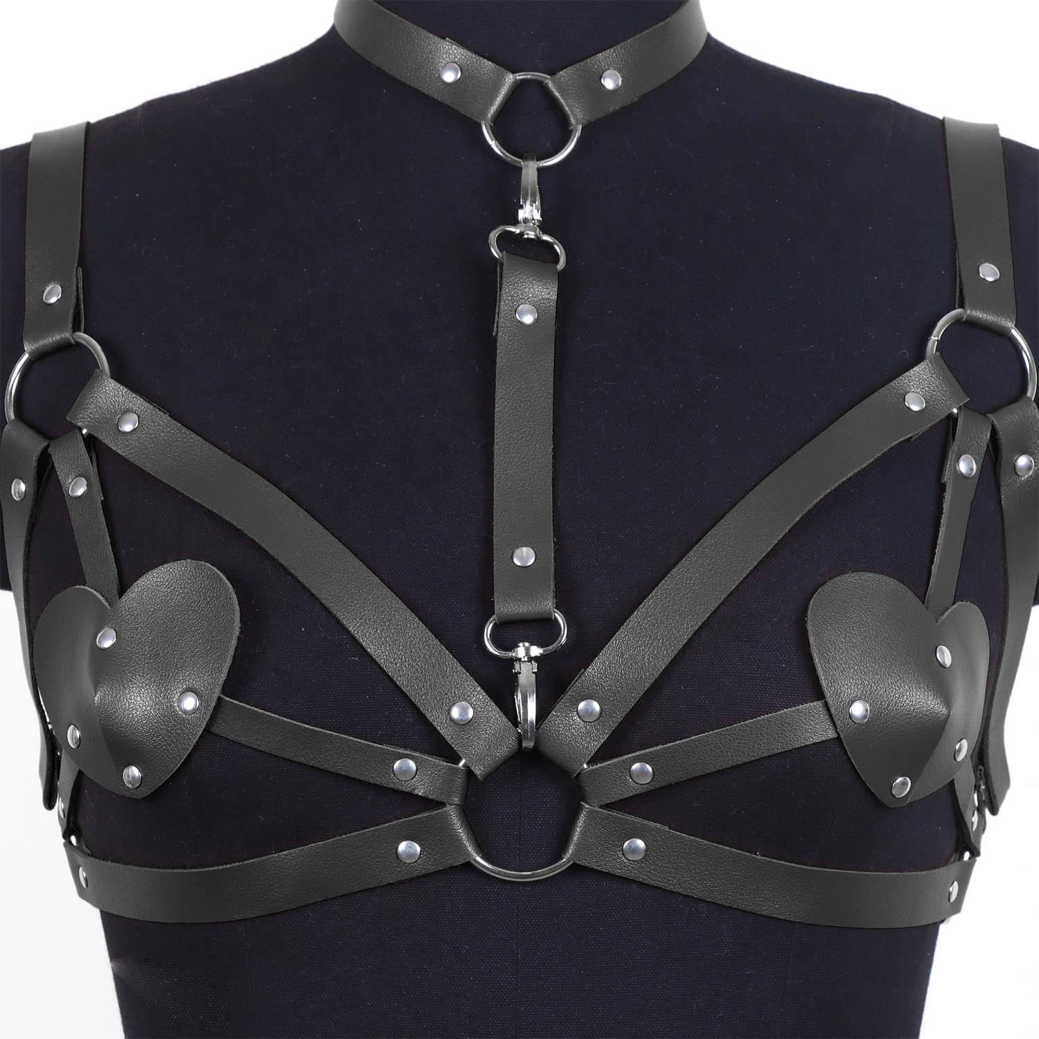 Kalp Detaylı Deri Vücut Harness Takımı Siyah
