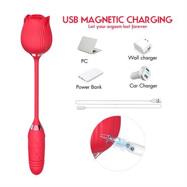 Gül Tasarımlı Çift Fonksiyonlu Vibratör – 10 Emme + 10 Titreşim Modu, Su Geçirmez ve Manyetik Şarjlı