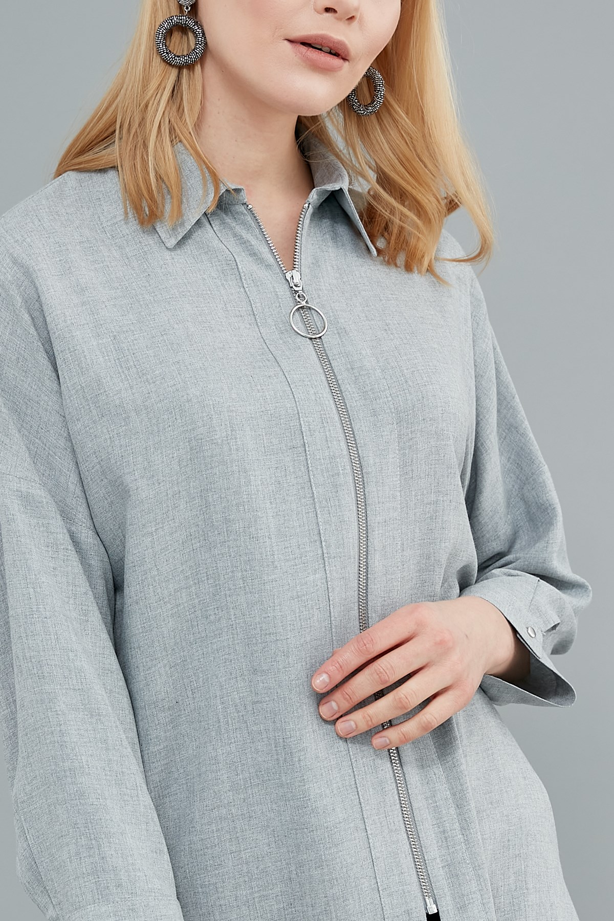 Gömlek- Polo Yaka, Ön Orta Fermuar Detaylı, Reglan Kol