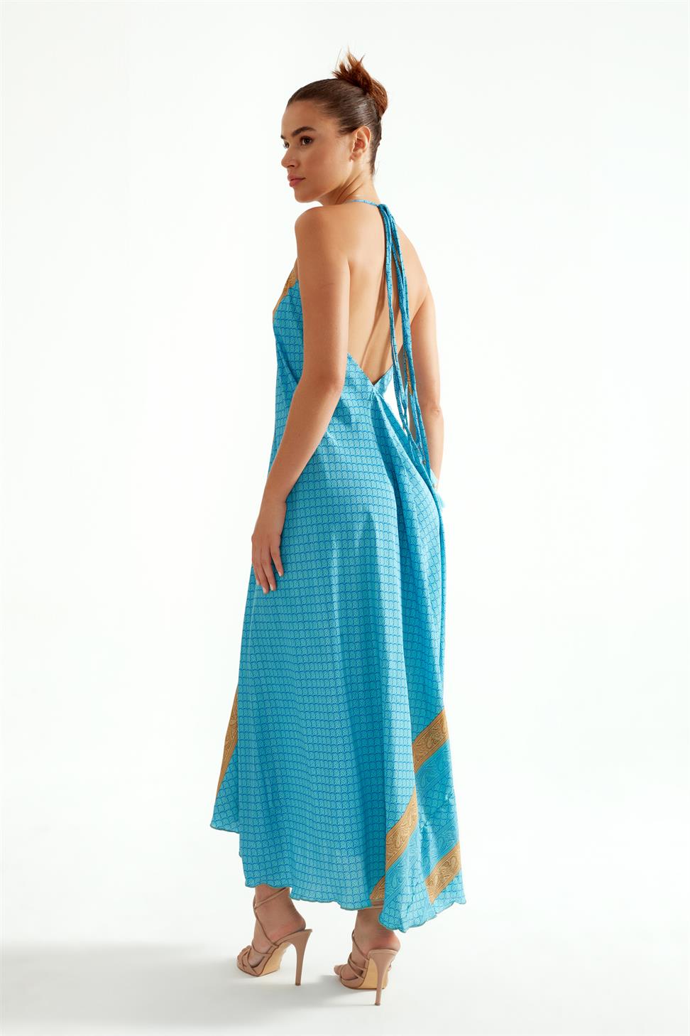 ASKILI LUNA BLUE UZUN İPEK ELBİSE
