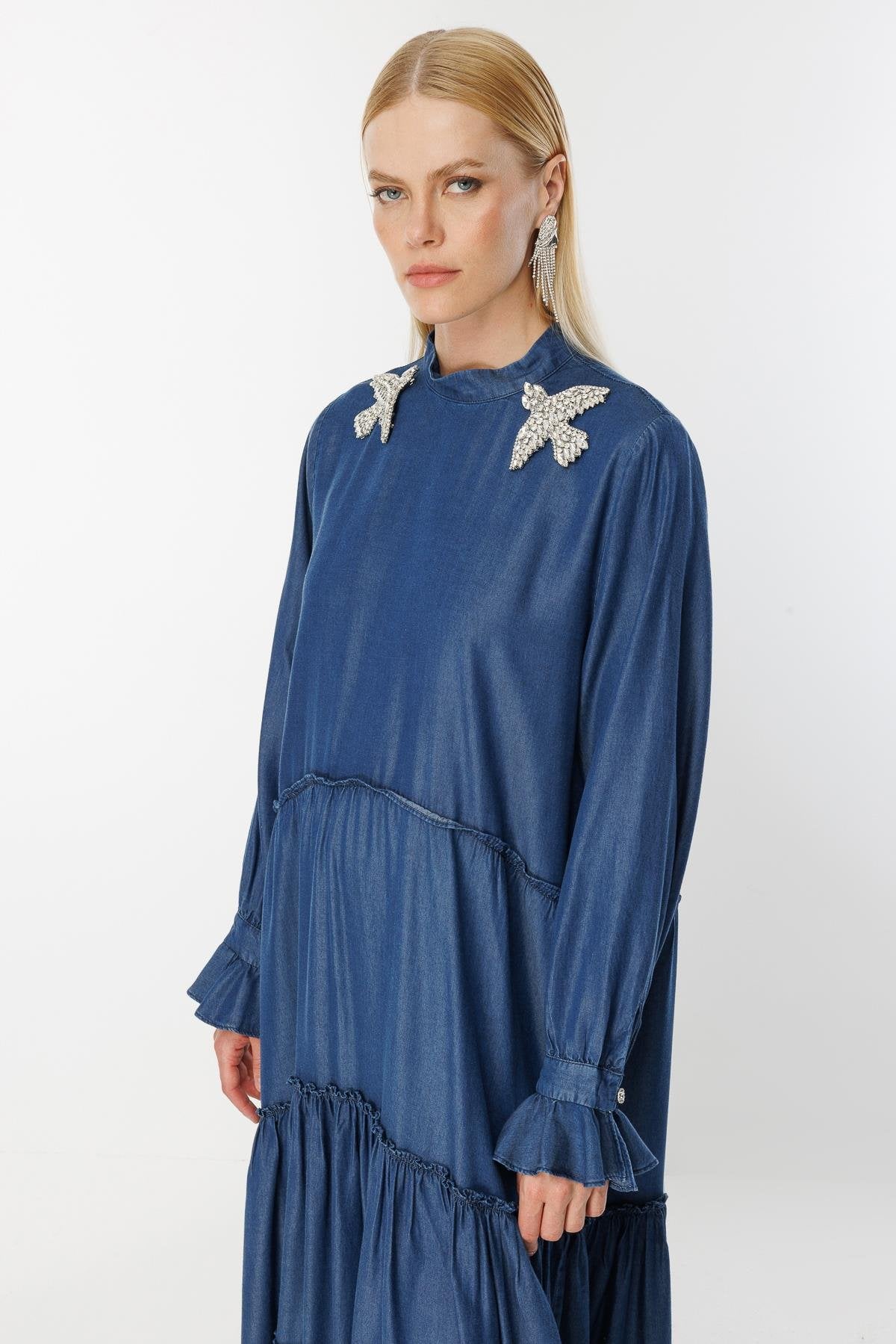 Aksesuar Detaylı Tencel Elbise - Mavi