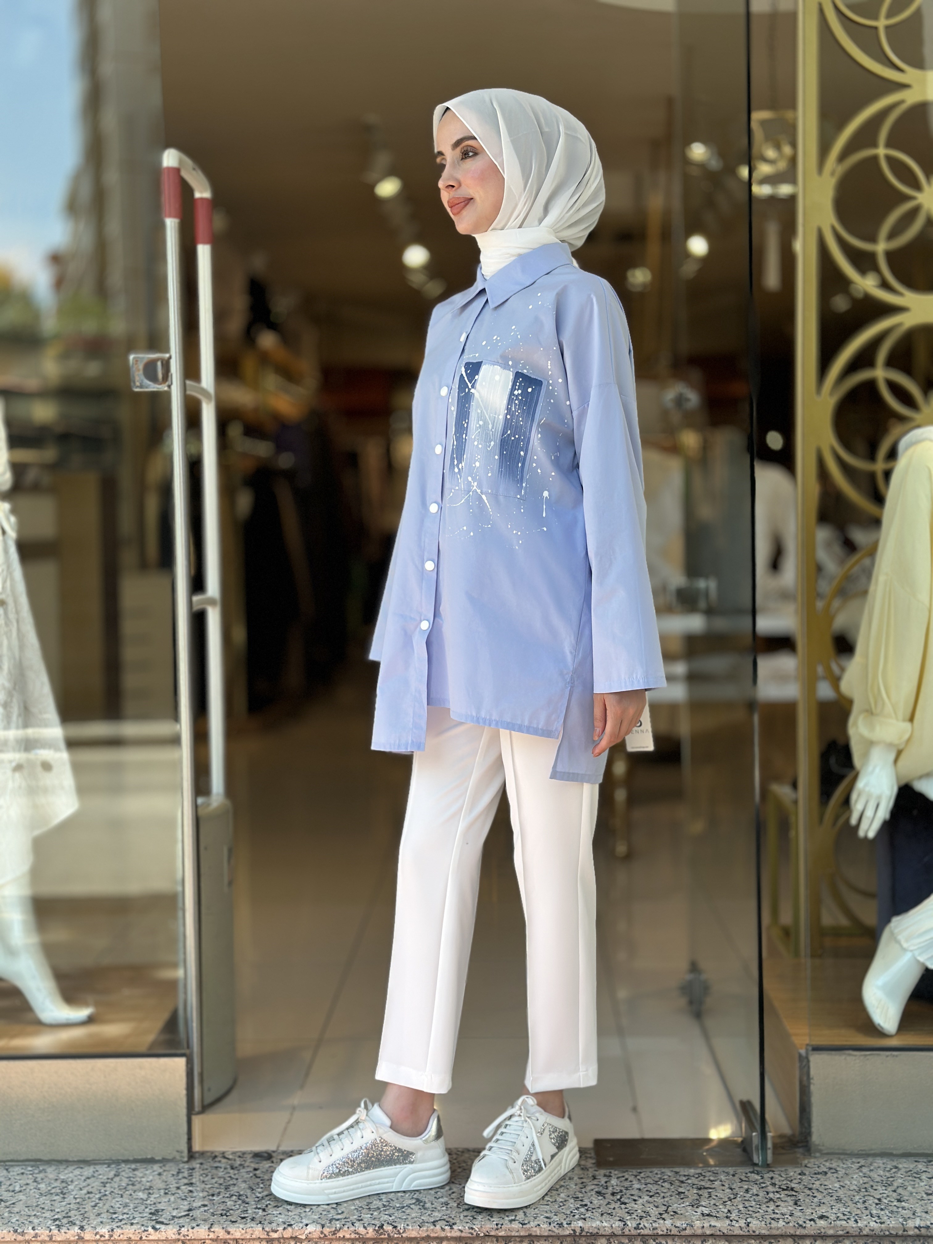 Baskılı Cotton Tunik - Mavi