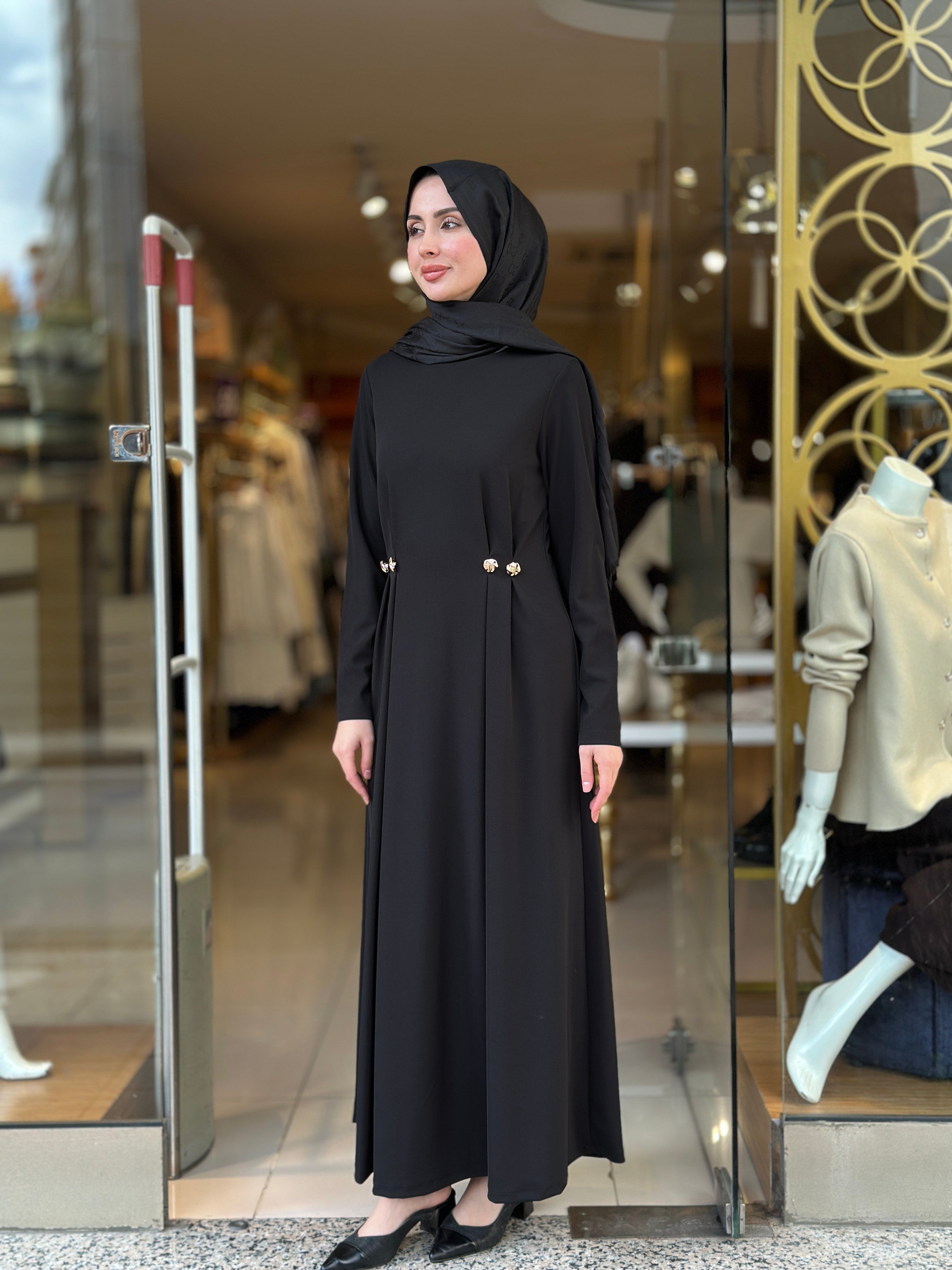 Belden Düğme Detaylı Şık Elbise - Siyah
