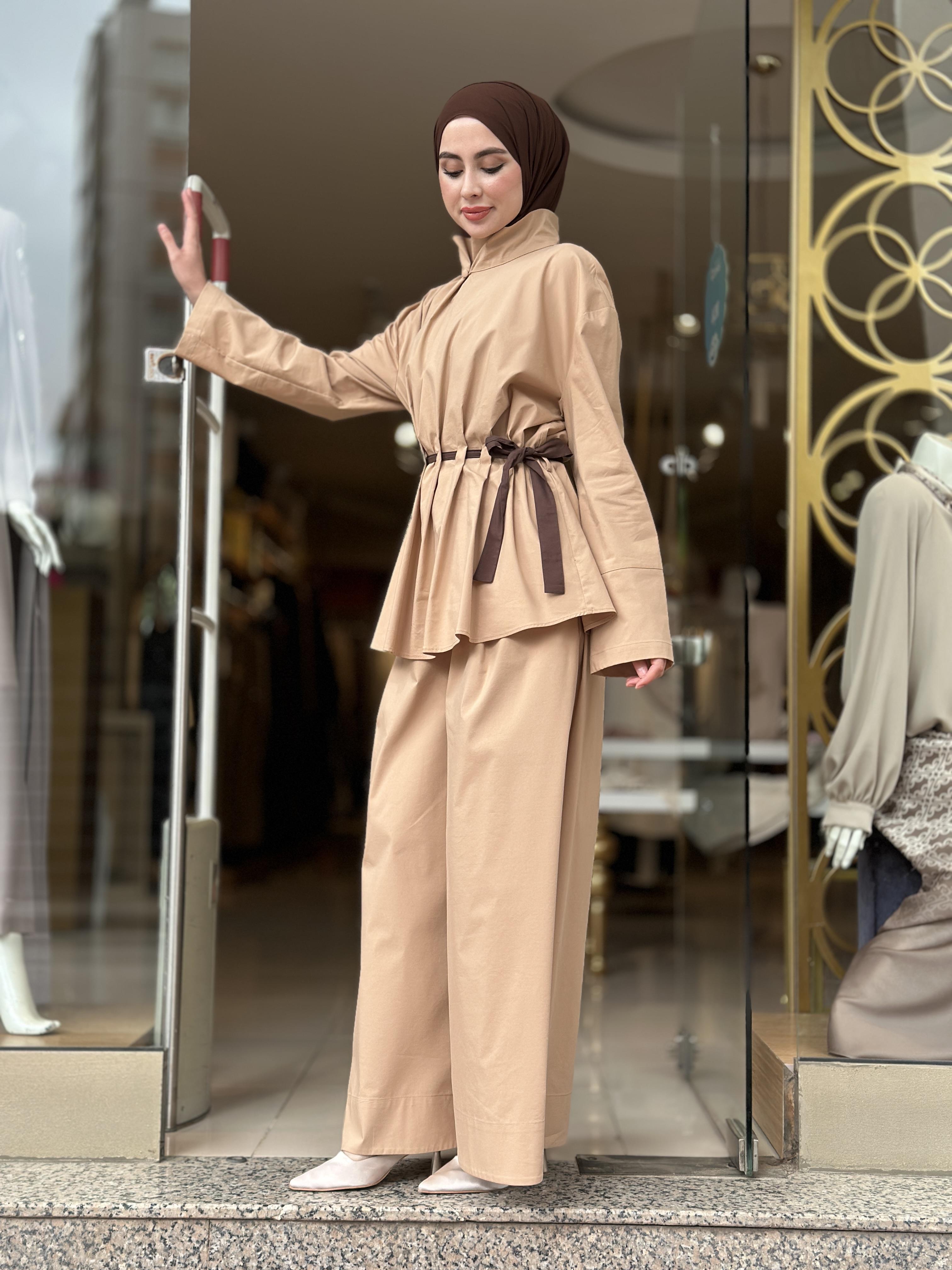 Belden Kemerli Poplin Pantolon Takım - Camel