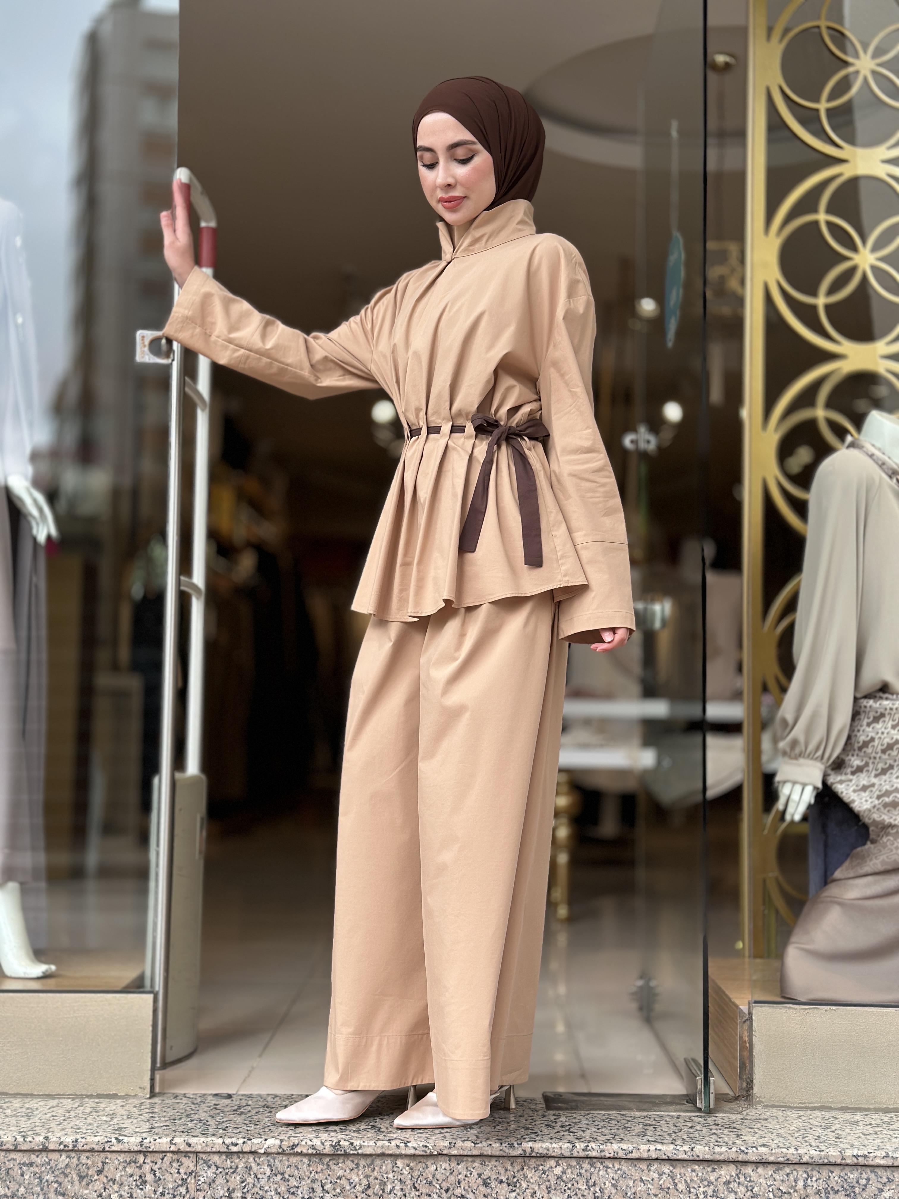 Belden Kemerli Poplin Pantolon Takım - Camel