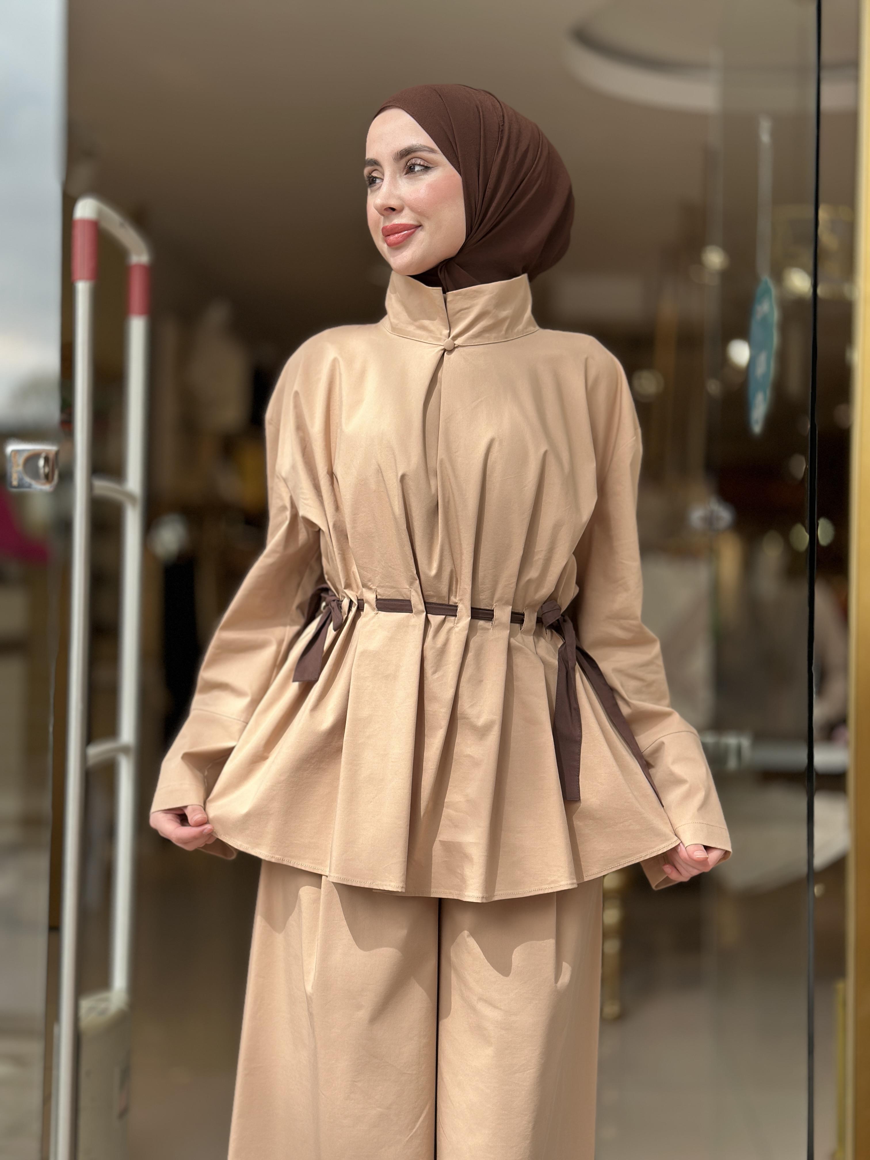 Belden Kemerli Poplin Pantolon Takım - Camel