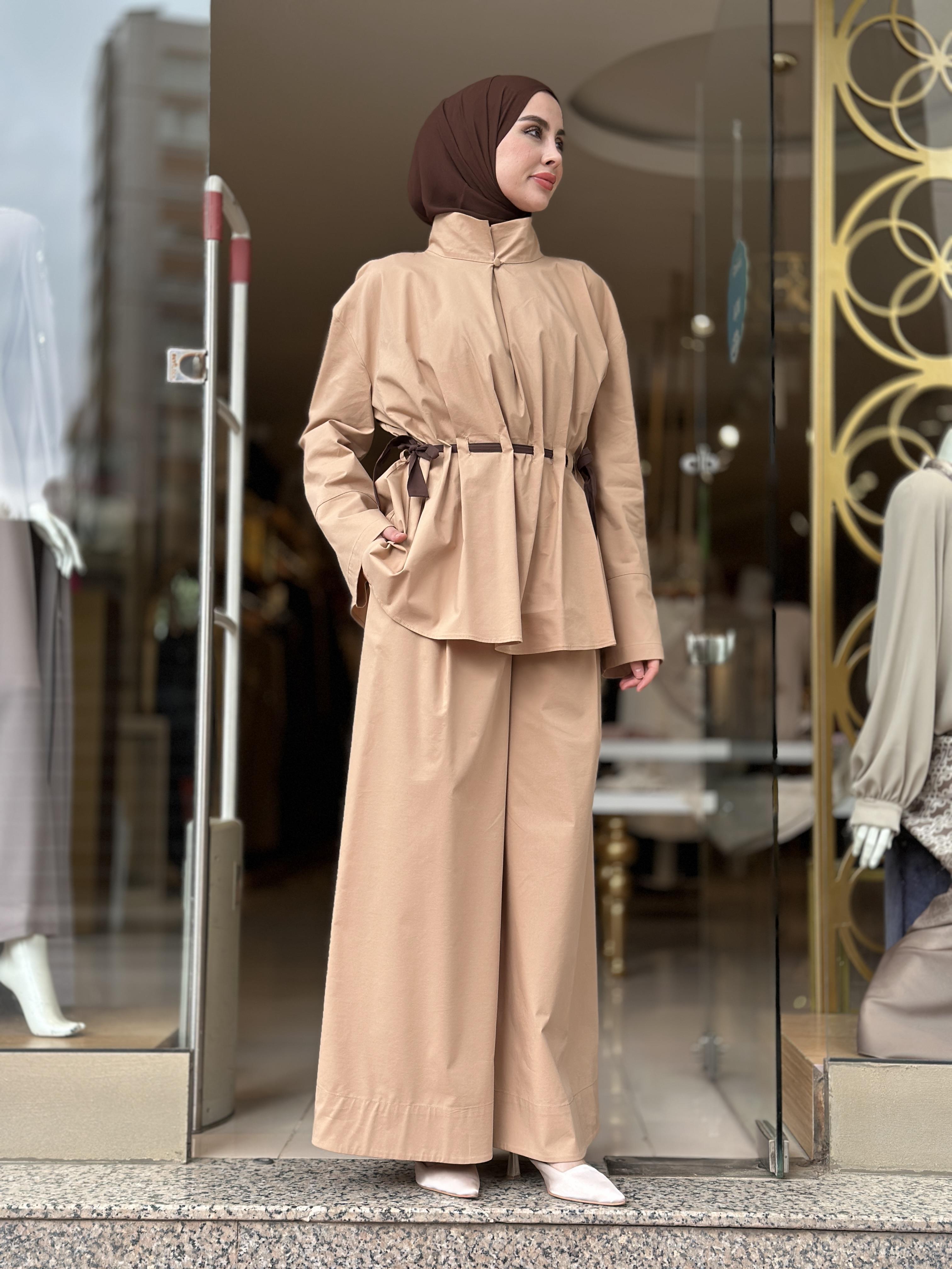 Belden Kemerli Poplin Pantolon Takım - Camel