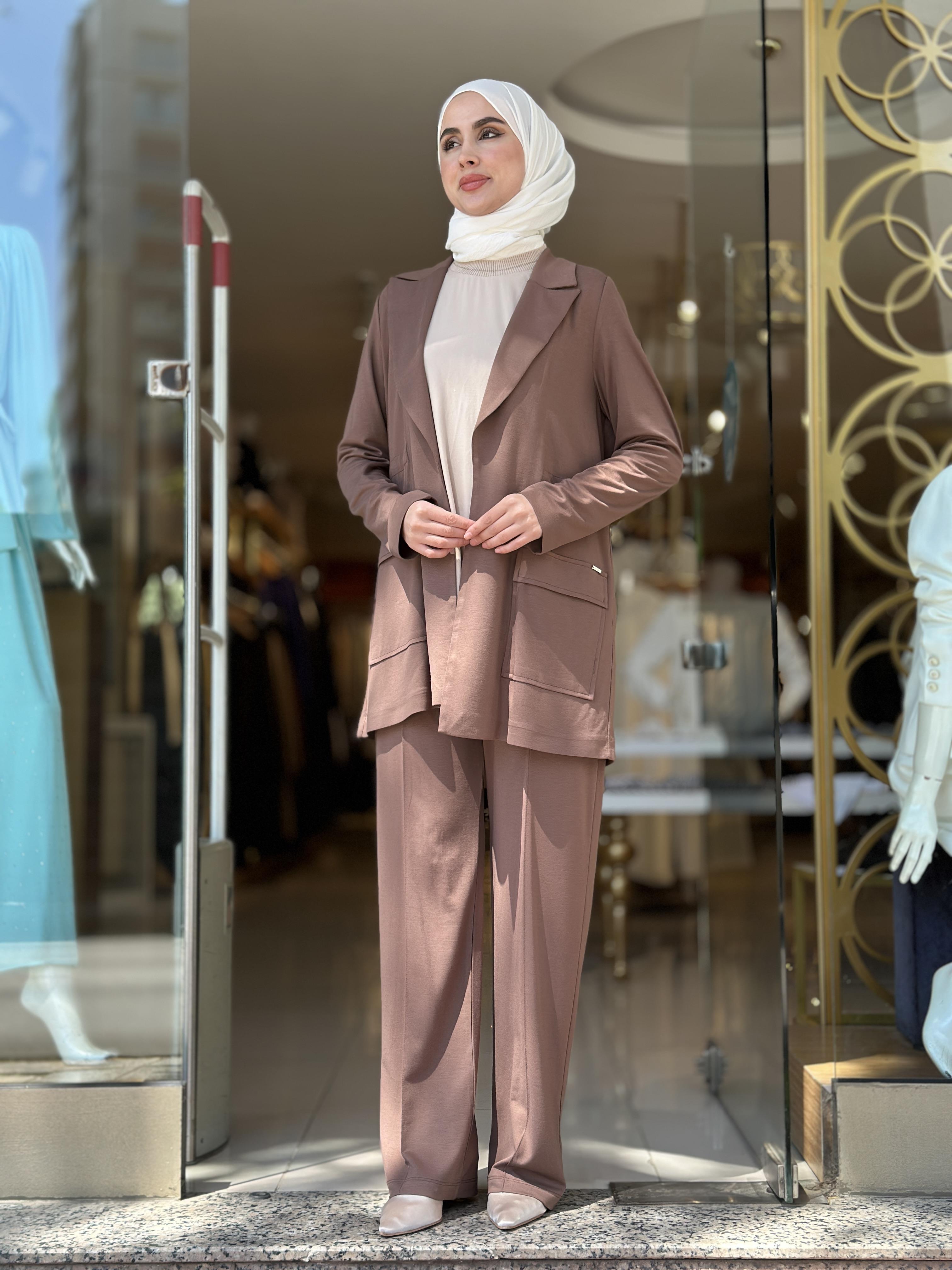 Beli Büzgülü Örme Ceketli Takım - Çikolata 